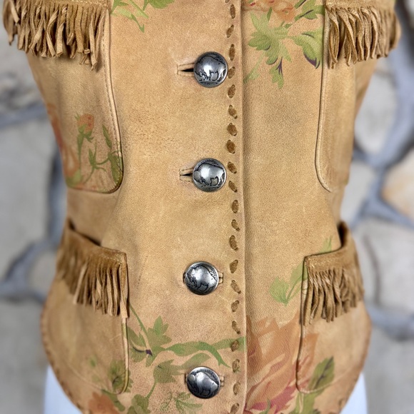 Ralph Lauren Blue Label Rare c. 1990s Hand Painted Deerskin Fringe Vest | 8 - Picture 2 of 7